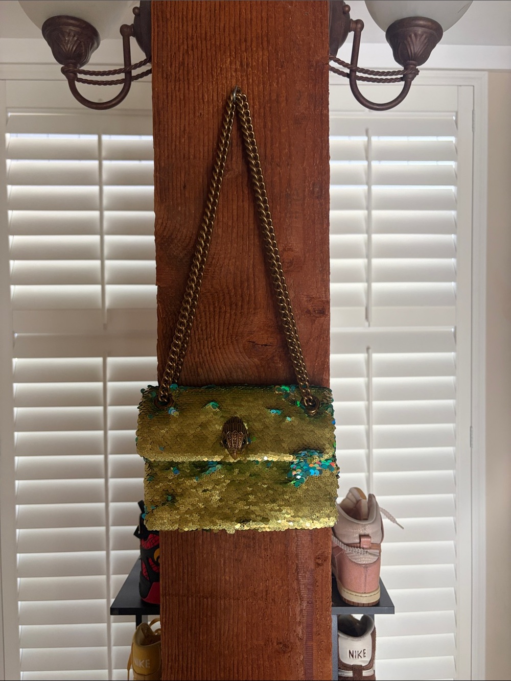 Kurt Geiger Sequin Chain Shoulder Bag in Green and Gold - Picture 2 of 6
